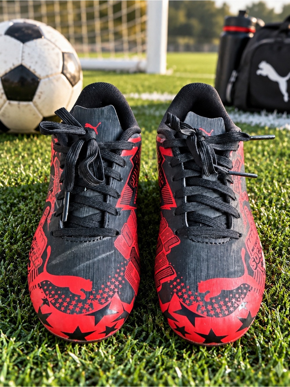 Puma Kids Black & Red Graphic Soccer Sneakers Size 1